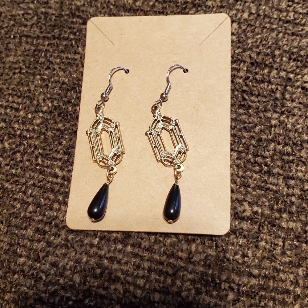 "Gold" & Black Dangle Earrings